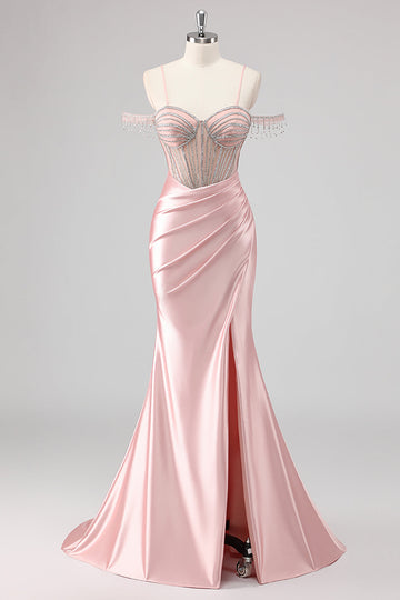 Glitrende havfrue Kald skulder Beaded Lang Rosa Ballkjole med Splitt